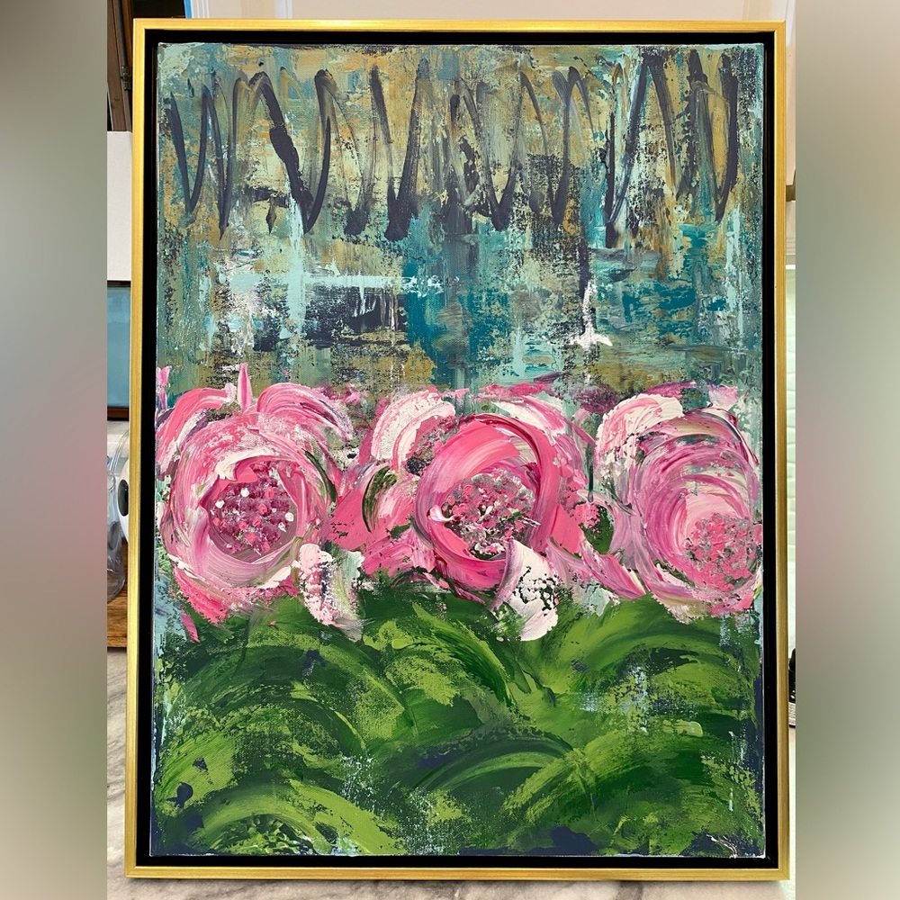Original painting by Stacey Nelson, painted in acrylic, in a gold floater frame